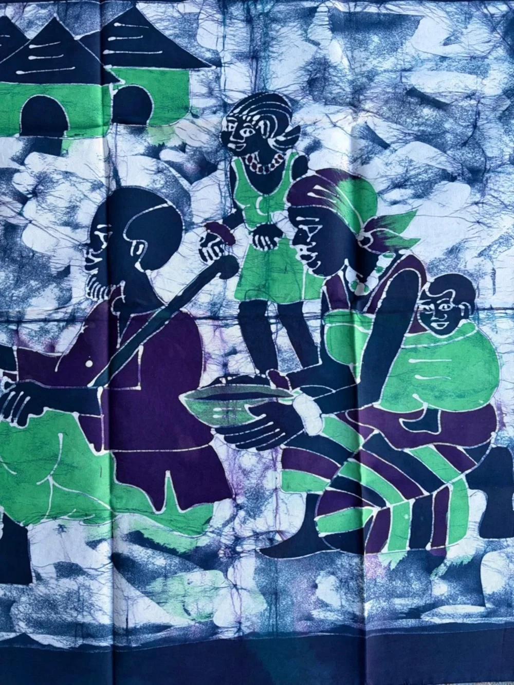 Handcrafted Batik Scene Scarf in Blue, Green & Purple Wall Tapestry